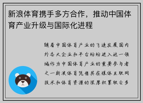 新浪体育携手多方合作，推动中国体育产业升级与国际化进程